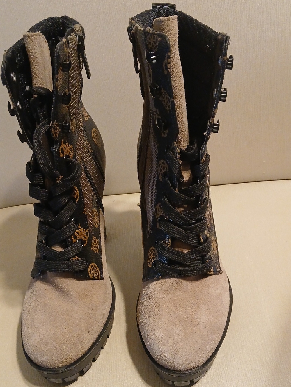 Guess Taupe Suede and Black Logo Lace-Up Combat Boots